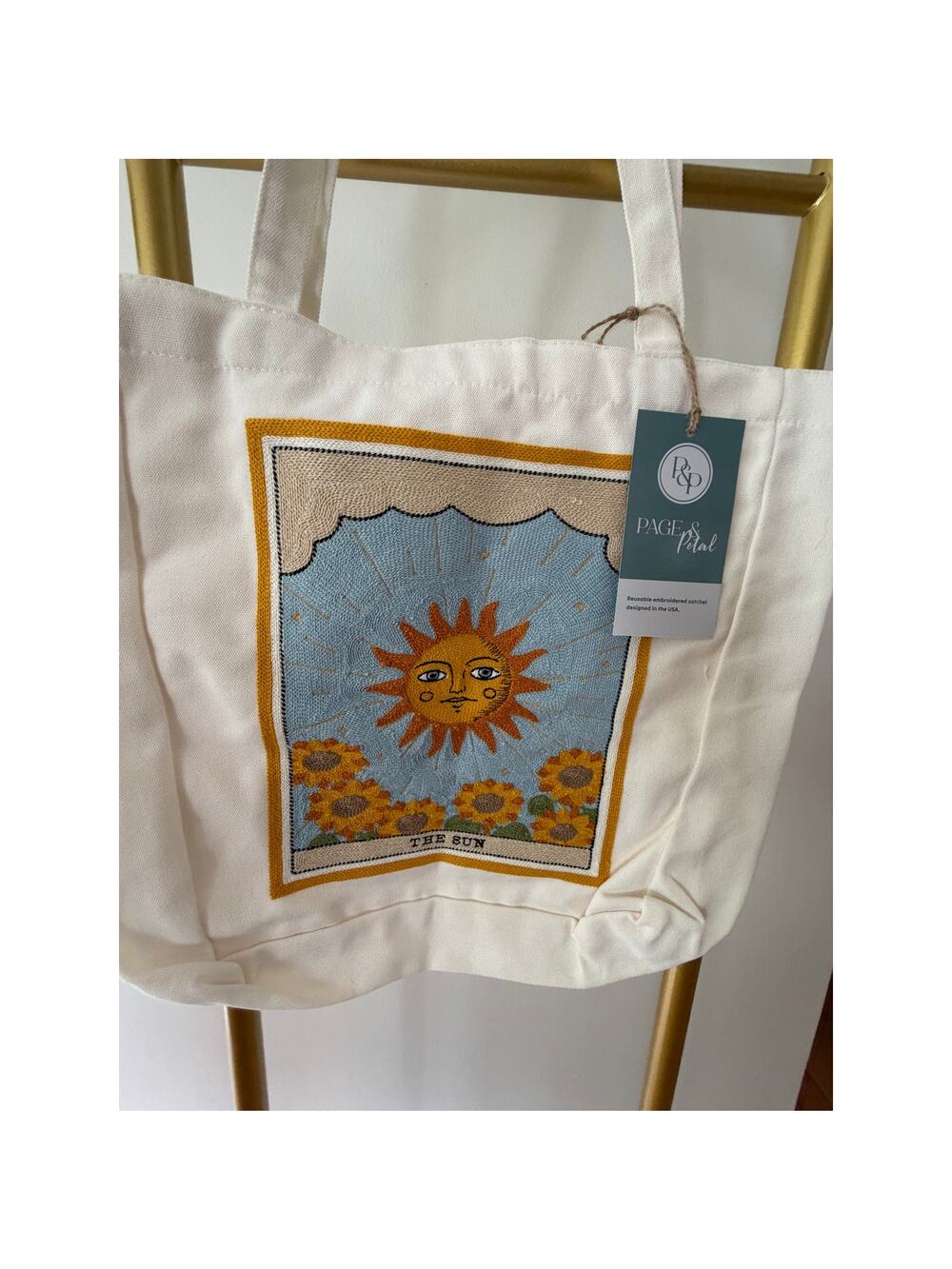 PAGE & PETAL Embroidered "The Sun" Satchel Canvas Tote Bag, Brand New